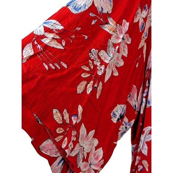 Woman Within Plus Size 34W Roll Tab Sleeve Crinkle Floral Red Shirt Dress Flowy - Picture 5 of 16